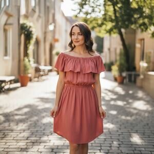 Justify Red-Orange Ruffle Off-Shoulder Rayon Dress - L